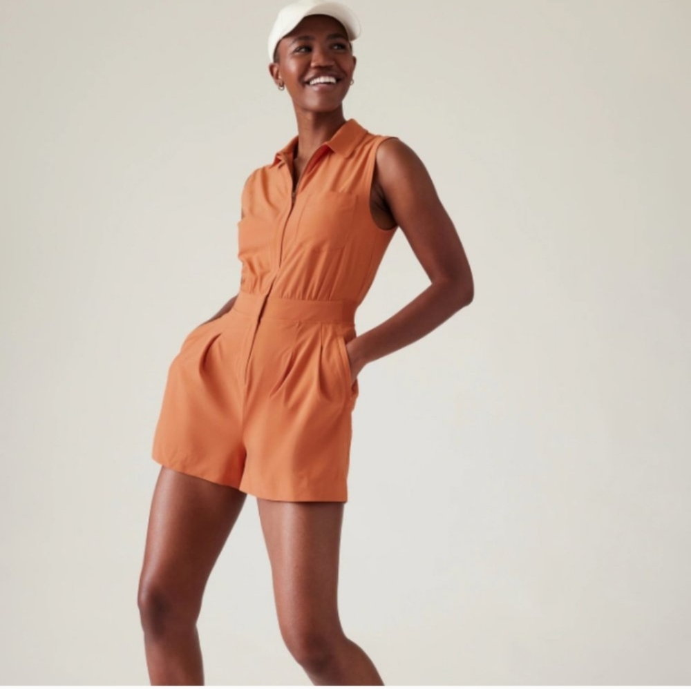 Athleta Rust Orange Sleeveless Zippered Pleated Jumpsuit Size 8